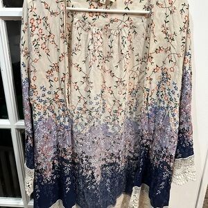 Floral Kimono with Lace Trim